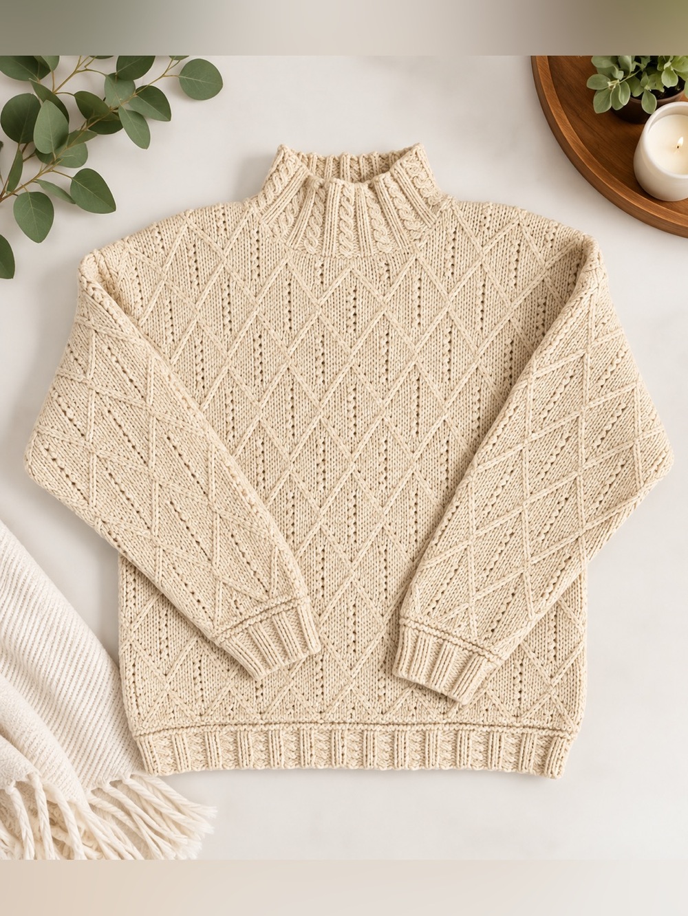 Vintage Hunt Club Cream Cable Knit Mock Neck Sweater M